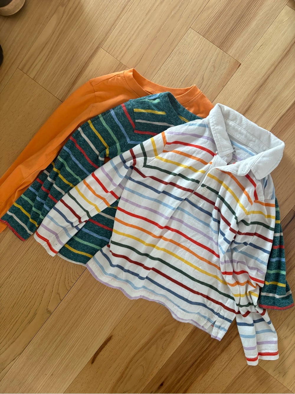 Primary Kids Long-Sleeve Polo & Tees – White, Green & Orange Stripe Trio